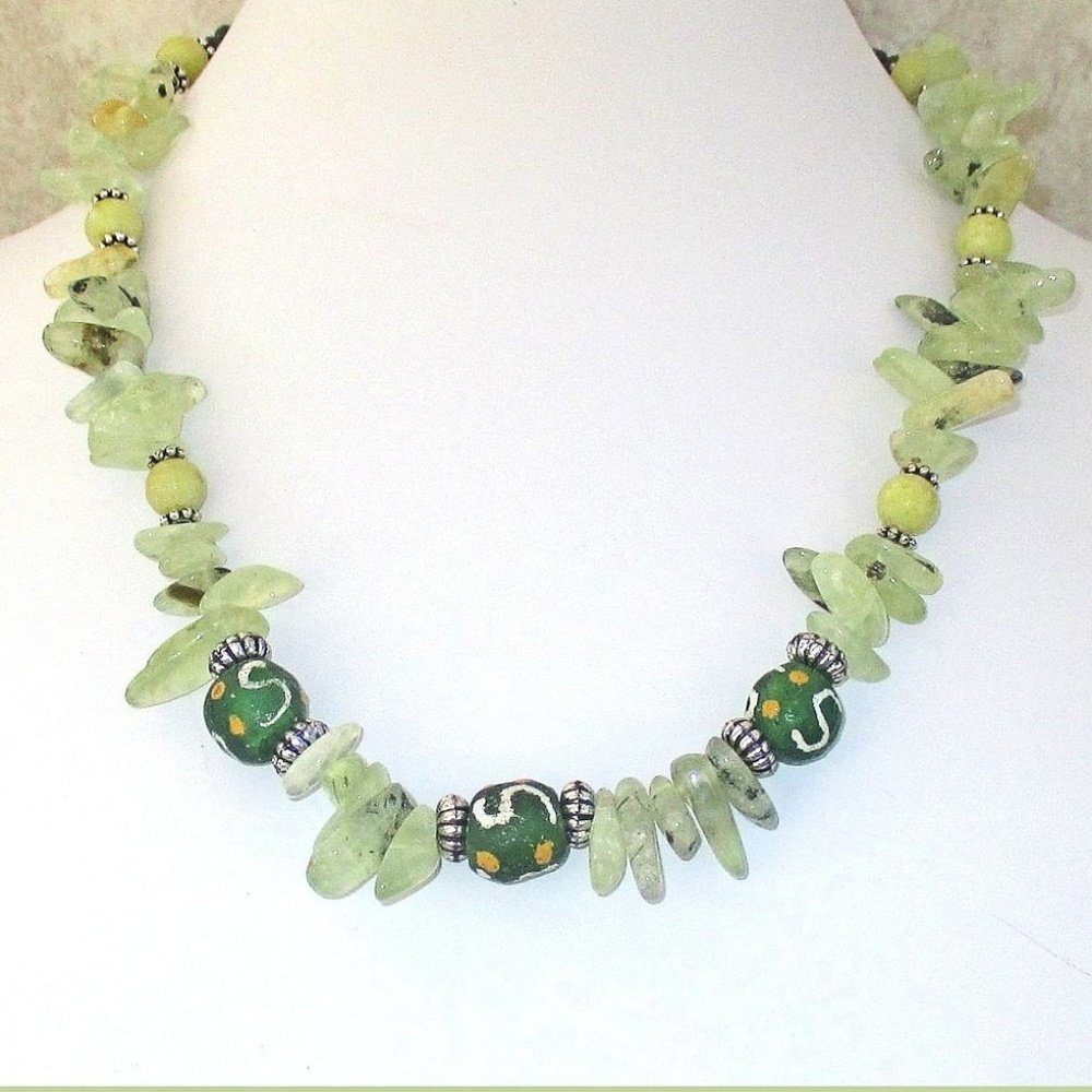 Green Gemstone and African Glass Necklace Handmade